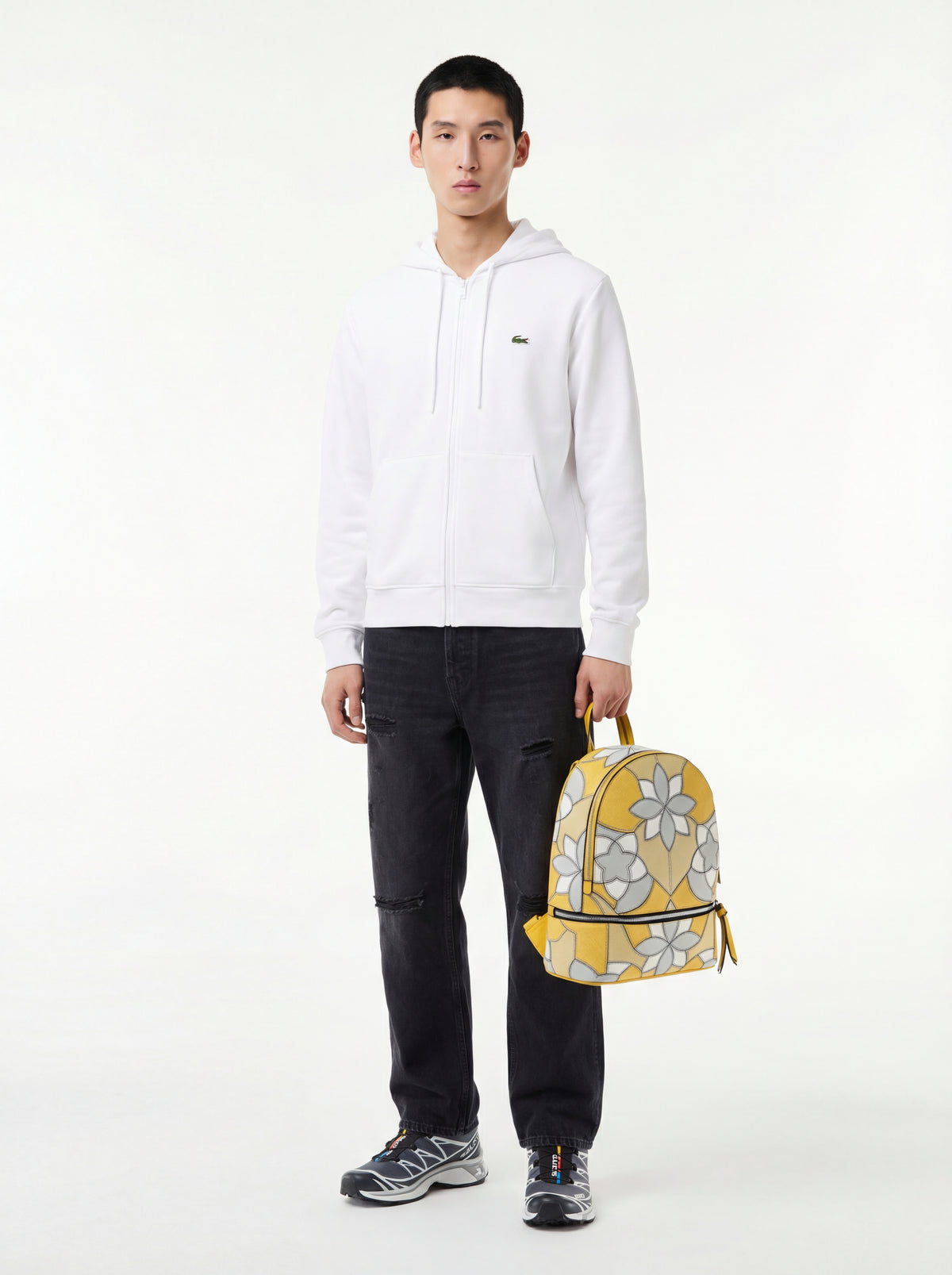 Salomon Sneakers Sportsty + Lacoste Felpa Con + Jeans + Zaino fiori giallo - 04